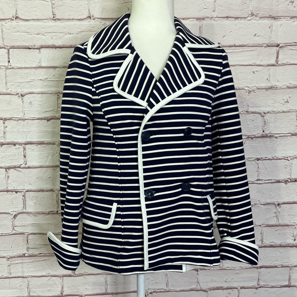 Anthropologie Stephanie Peacoat Navy & White Striped Double Button Blazer Jacket - Picture 3 of 11
